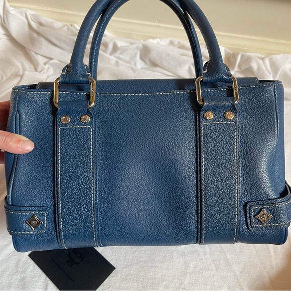 MCM Navy Blue Leather Boston Handbag Small Silver Hardware COA - Picture 7 of 11